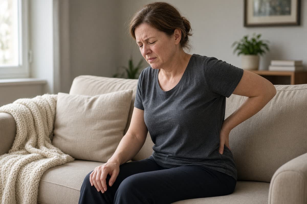 A woman sitting on a sofa holding her lower back