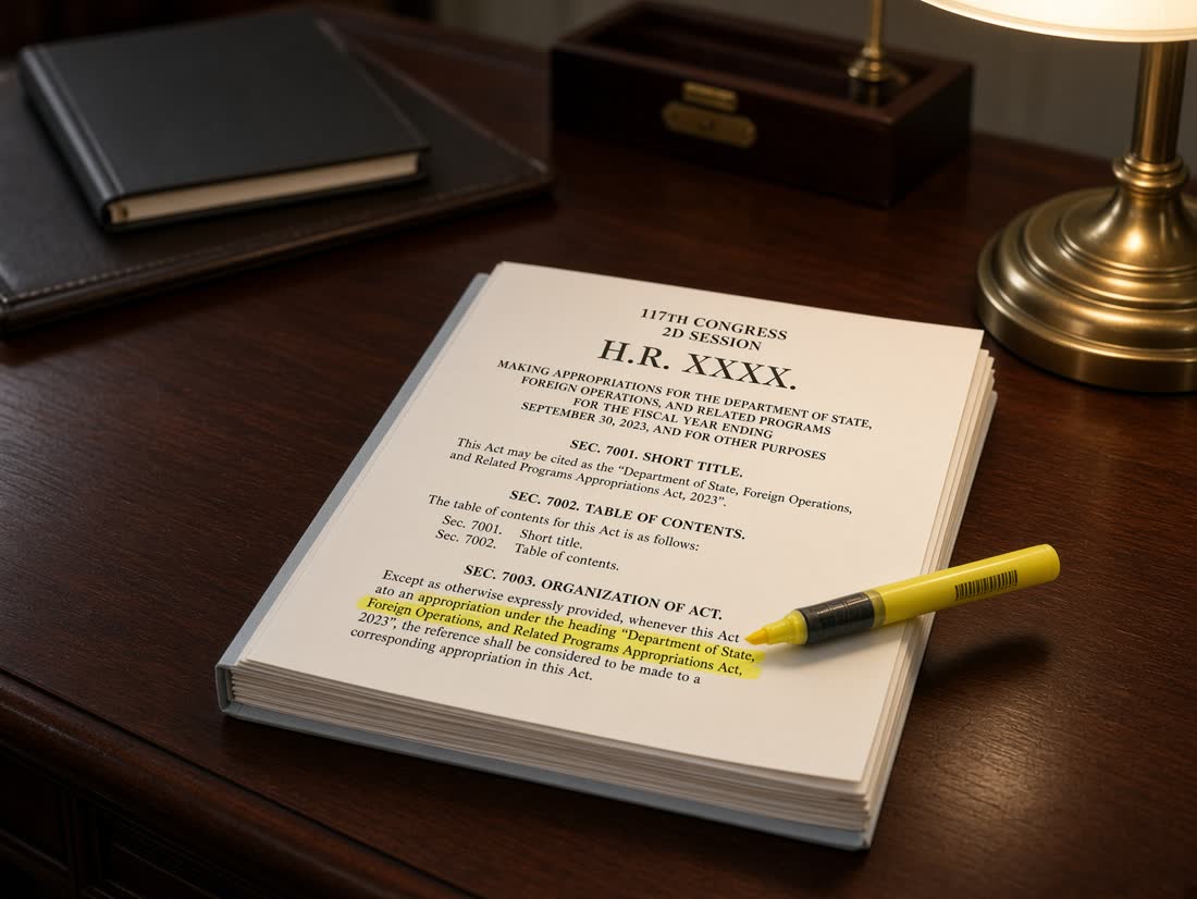A bound congressional appropriations document on a desk with highlighter marks