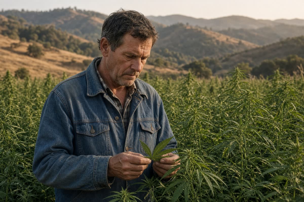 A hemp farmer examining a leaf in a tall green field