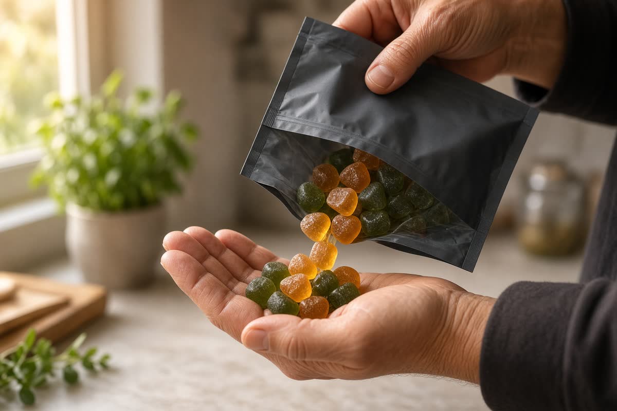 Hands pouring amber and green botanical gummies from a stand-up pouch