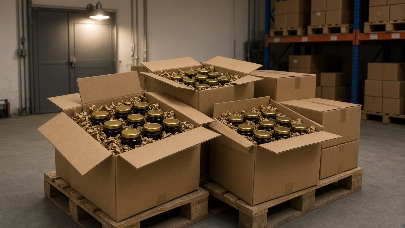 Pallet of cardboard shipping boxes with open pouches of gummies packed in kraft paper
